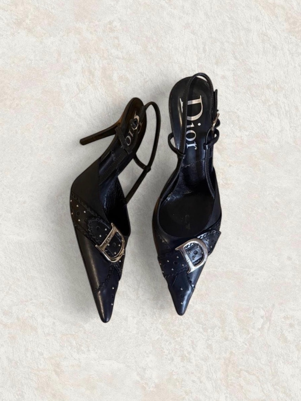 Authentic Dior Galliano Black Leather D’Trick Slingback Heels Silver Logo Buckle